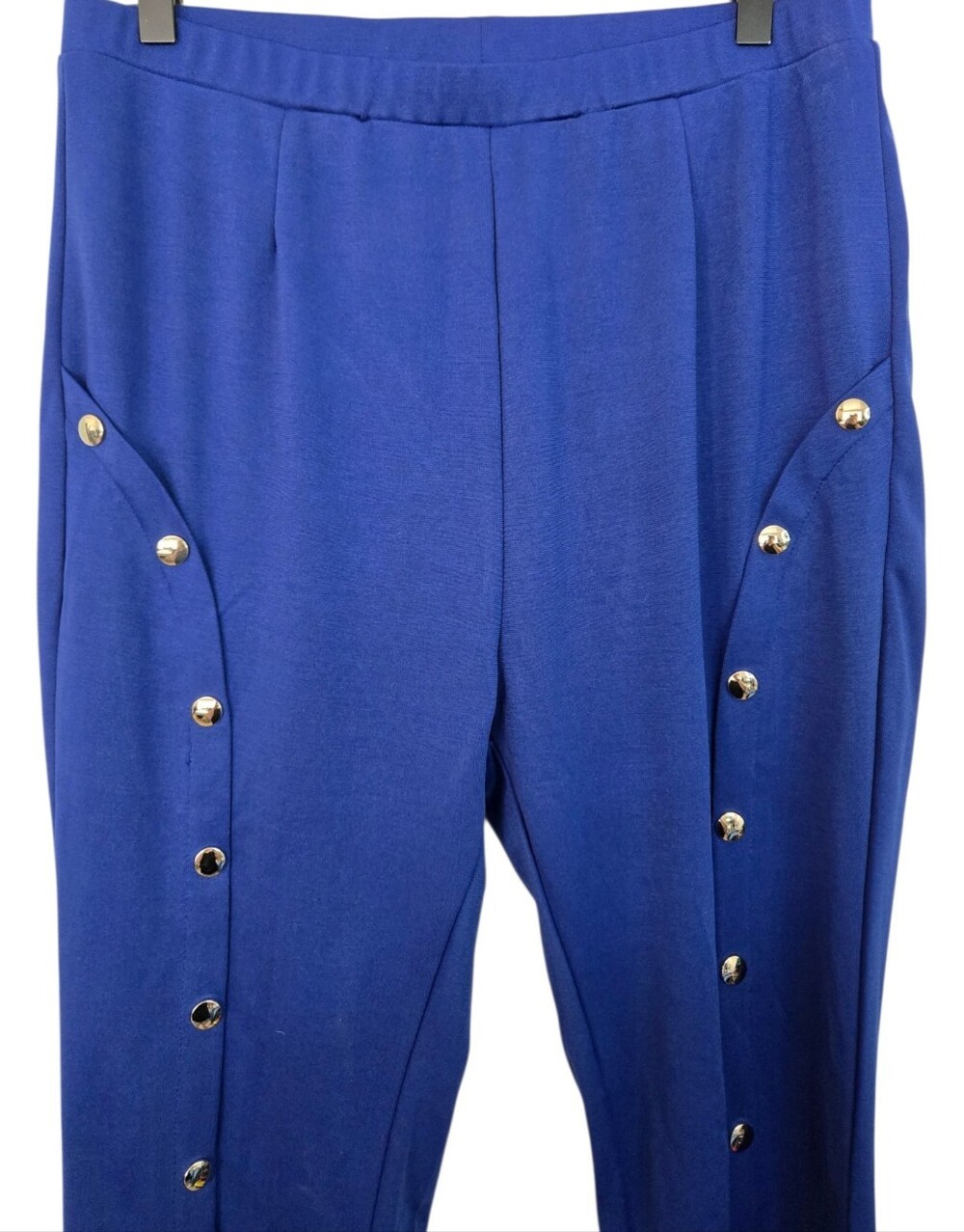 Royal Blue Gold Button Split Hem Pants Women’s XL Stretch Pull On Statement Trou - Picture 4 of 6